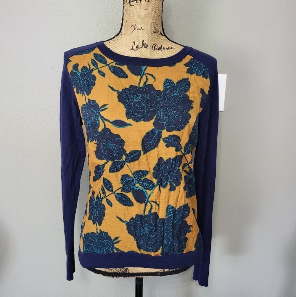 Boden Floral Long Sleeve lightweight wool sweater- Blue and Yellow